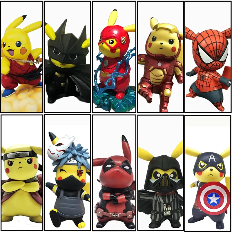 

Original Boxed Funny Pikachu Cosplay Naruto Avengers Deadpool Spiderman Dragon Ball Mario Action Figures 14cm PVC Model Toy