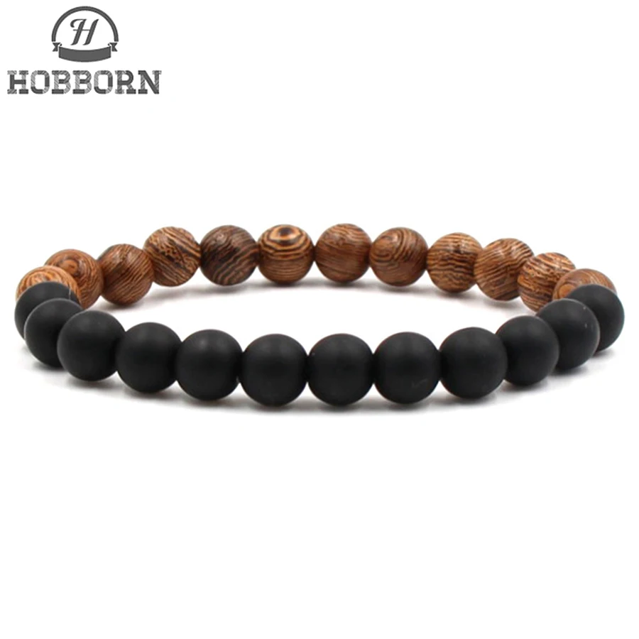 

HOBBORN 8mm Handmade DIY Men Bracelet Wood Bead Lava Stone Maix Strand Healing Reiki Prayer Balance Women Bracelets Yoga Jewelry