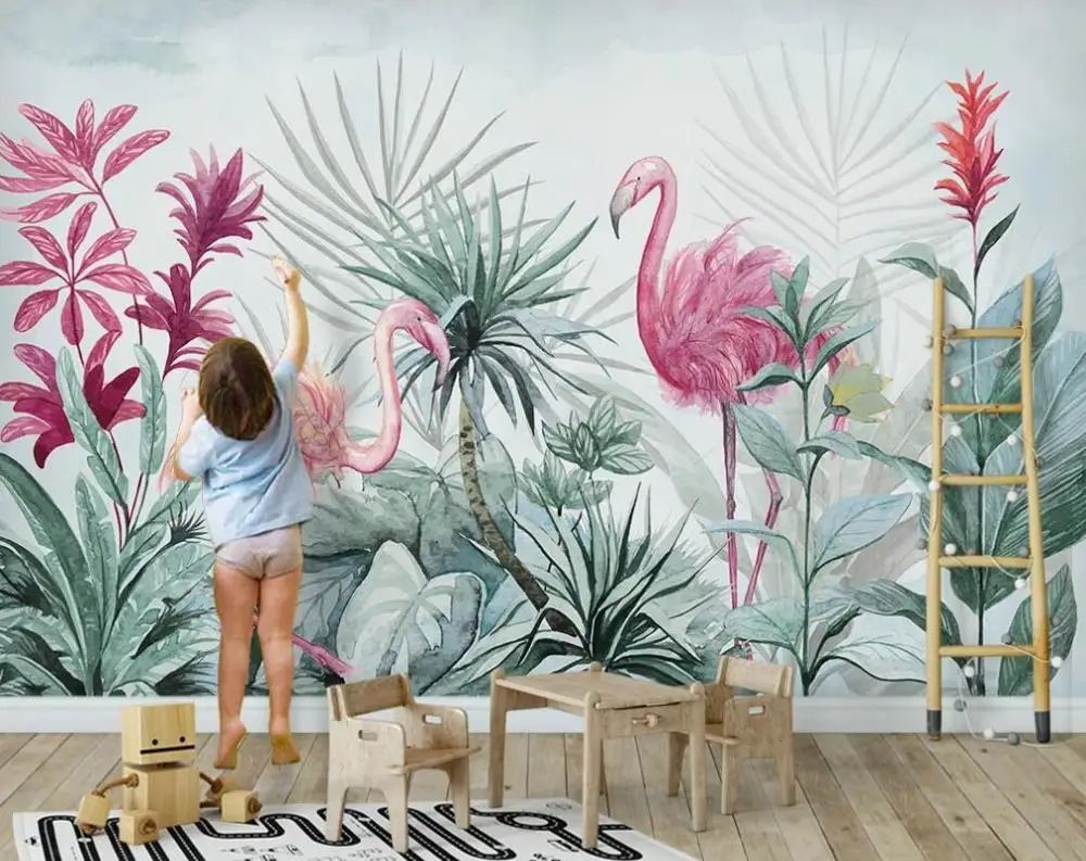 

Custom 3D mural wallpaper Nordic ins tropical plants flamingo living room bedroom background wall decoration painting