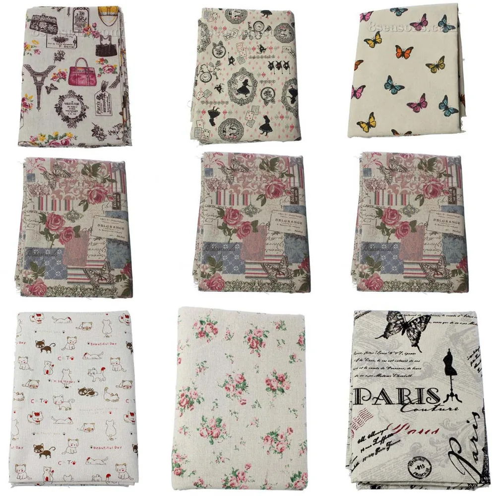 

150x100cm Vintage retro butterfly cat rose flower print fabric cotton linen table cloth curtain diy linen fabrics home textiles