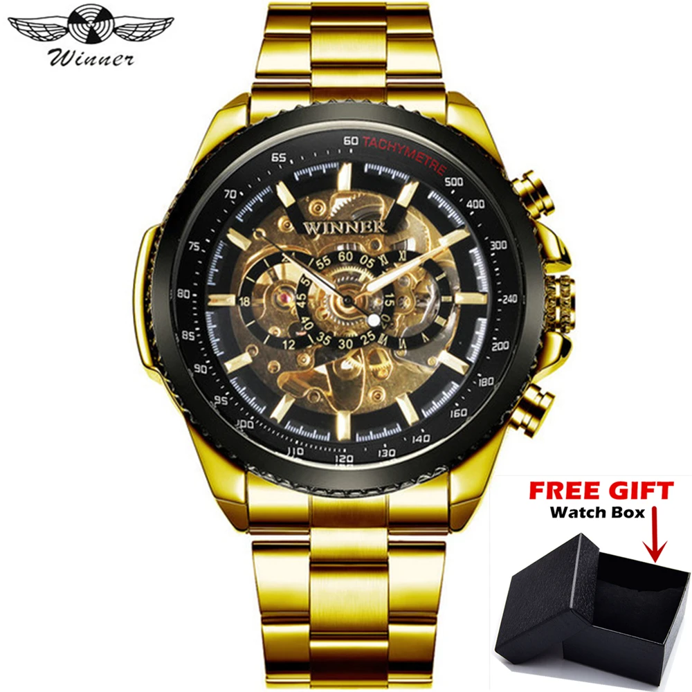 

WINNER Luxury Mens Gold Automatic Self-Wind Mechanical Watches Brand Skeleton Dial Clock