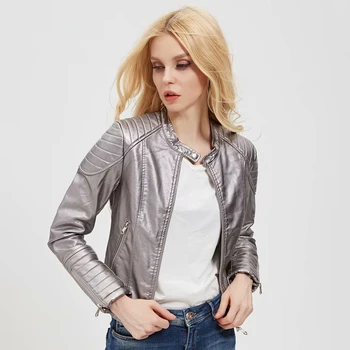 

Silver Women Cool PU Jacket 2019 Spring Womens Faux Leather Bomb Coats Ladies Punk Bling Jackets Girls Streetwear Slim Clothes