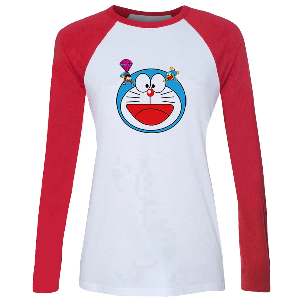 

Cartoon Doraemon Pokemon Mr. Mime Pikachu Psyduck Pidgey Pokeball Gray Design Women's Lady Print long sleeve T-Shirt Graphic Tee