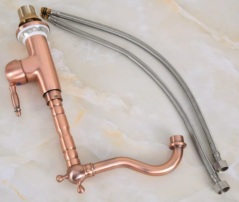 Antique Red Copper Brass Ceramic Base One Handle Bathroom Kitchen Basin Sink Faucet Mixer Tap Swivel Spout Deck Mounted mnf626