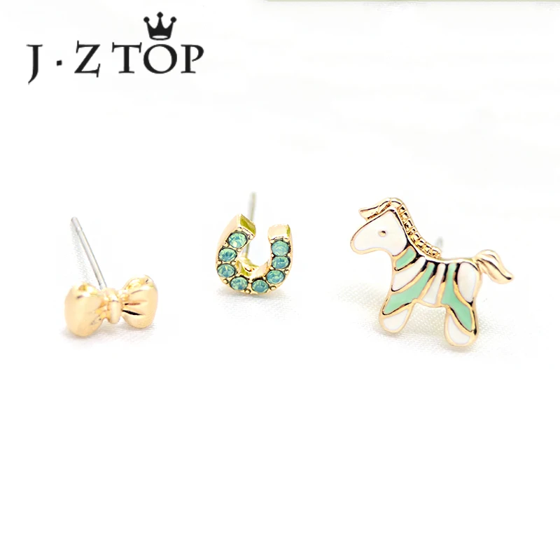 

JZTOP 3 pcs/set Cute Horse Animal Stud Earring Woman Lovely Bow Knot Cartoon Enamel Earrings Set Girl Gold Color Jewelry Brincos