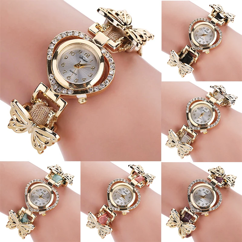 Summer Style Gold Watch Luxury Brand Crystal Heart Watch Women Butterfly Braided Rope Wristwatch Ladies Bracelet Watch Clock