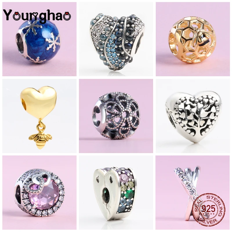 

Younghao Jewelry Plata de Ley 925 Gold Heart Conch Honeybee Beads&Clips Fit Original Pandora Bracelets Snowflake Flower Pulsera