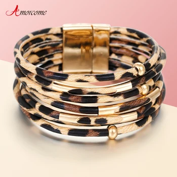 Amorcome Leopard Leather Bracelets For Women 2019 Fashion Bracelets & Bangles Elegant Multilayer Wide Wrap Bracelet Jewelry