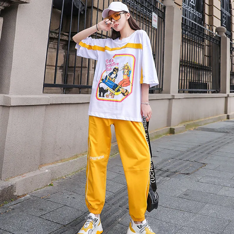 

Spring Harakuju Dance Women 2 Piece Set Women Cartoon Pattern T Shirt and Yellow Harem Pants Women Sets Clothes Sweatsuit