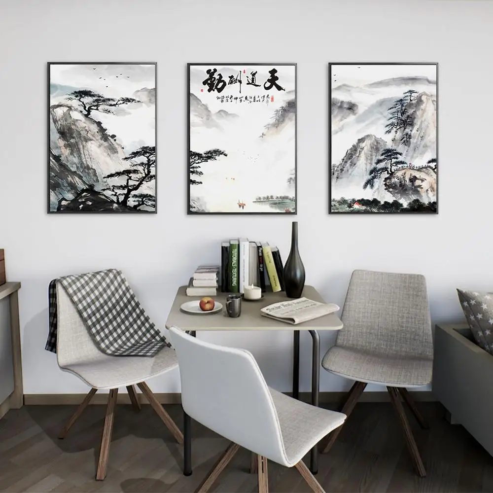 

3Pcs/Lot Black and white Ink Decoration Painting Mountain Welcoming Pine Chinese style Art Prints Wall Pictures For Living Room