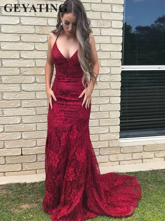 Sexy Mermaid Halter Wine Red Lace Prom Dress 2019 Long Spaghetti Straps ...