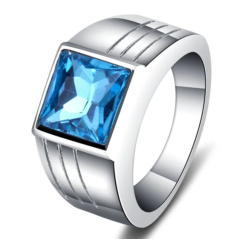 2018 Trendy Rings for Men Big Square Blue Zircon Men's Finger Ring Wide