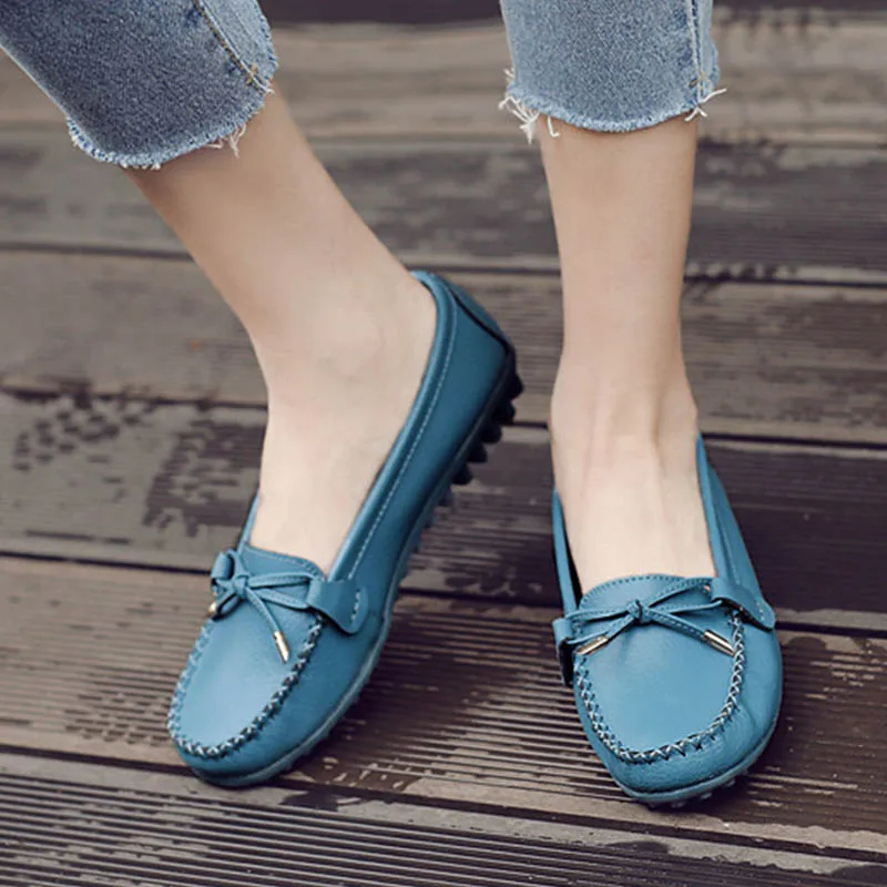 

Women Bowtie Flat Autumn Loafers Female Slip On Sewing Moccasins Ladies High Quality PU Fashion Non Slip Comfort Mother Shoes