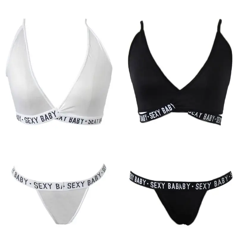 

Womens Plus Size Bikini Set Letters Print Cross Strappy Bandage Underwear Solid Color Deep V-Neck Bra High Cut G-String Lingerie