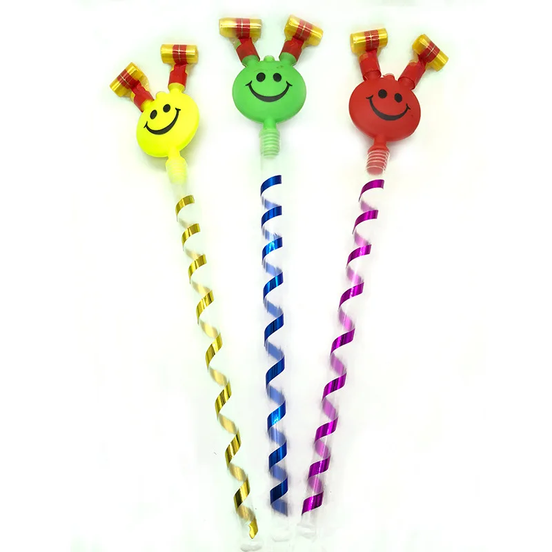 

big size wholesale cheer toy smiley face blowing dragon whistle