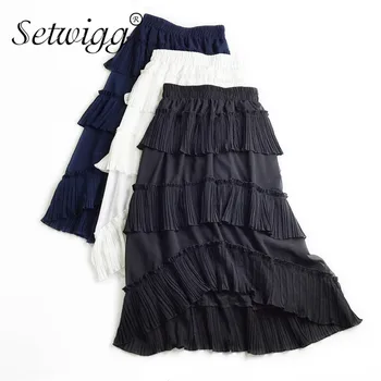 

SETWIGG High Waist Cakee Layered Ruffled High Low Irregular Long Summer Skirts Elastic Slanting Tiered A-line Long Chiffon Skirt