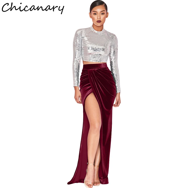 Chicanary Velvet High Waist Open Slit Long Skirt Women Spring Floor