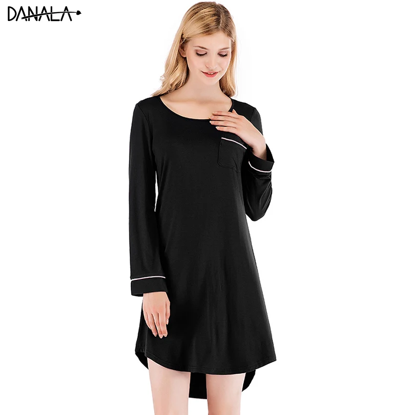 DANALA Modal Women Nightgowns Spring Autumn Sexy Solid O-Neck Long Sleeve Mini Night Dress Home Wear
