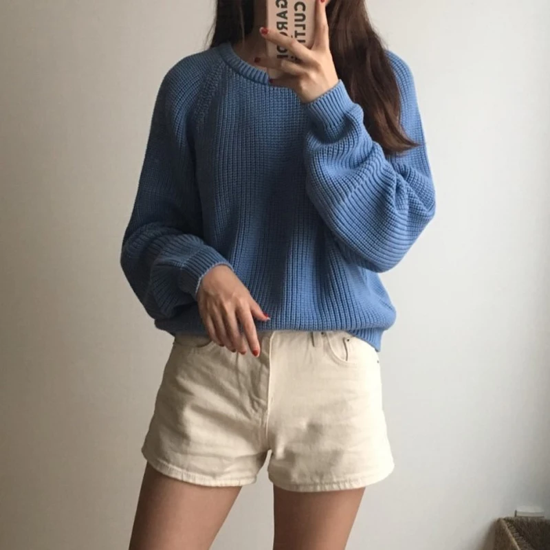 Корейский модный Женский вязаный свитер с длинным рукавом, однотонный пуловер с круглым вырезом и джемпер, свободный свитер, горячая Распродажа S80209Q