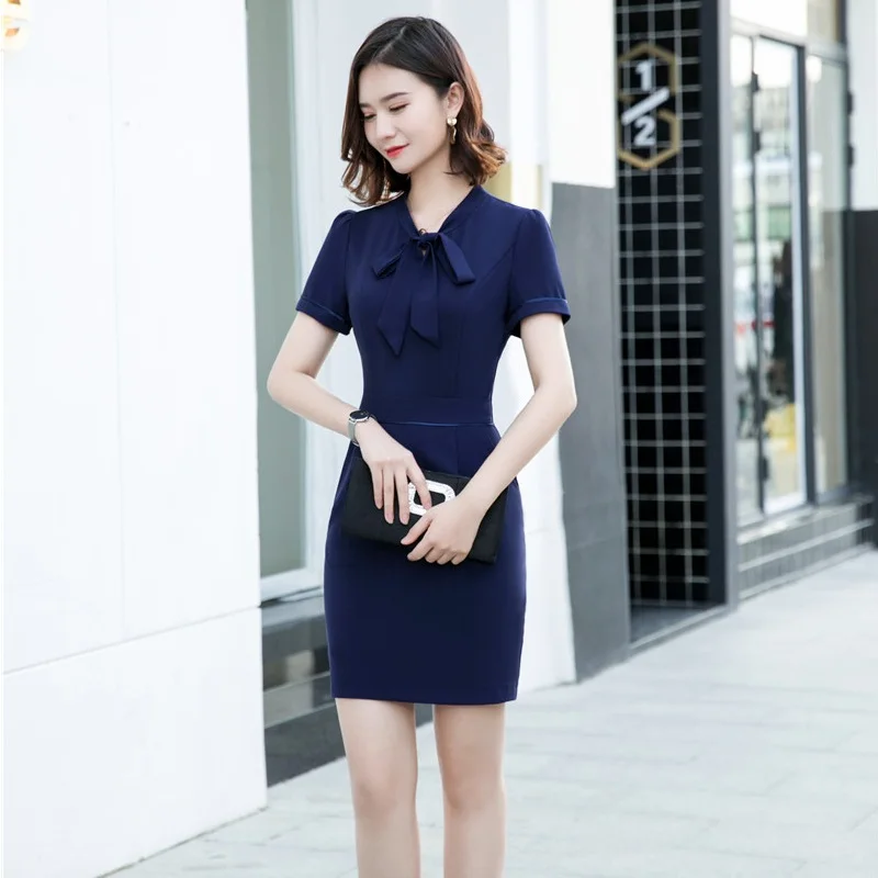 

Fashion Women Summer Dresses Navy Blue Short Sleeve Office Ladies Work Wear Dress Mini Female Clothes