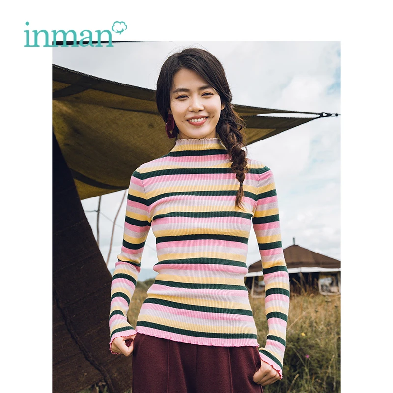 INMAN зимний женский теплый пуловер с высокой горловиной и цветными полосками