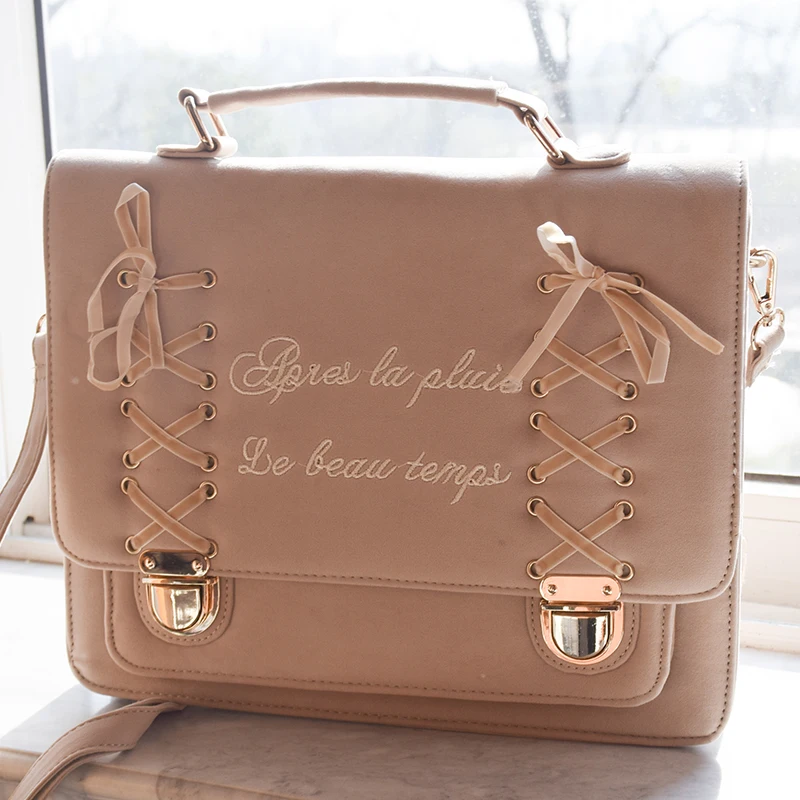 

Princess sweet lolita bag Japanese sweet soft sister ribbons Handbag Shoulder Bag letter Embroidery Ribbon bag women WW034