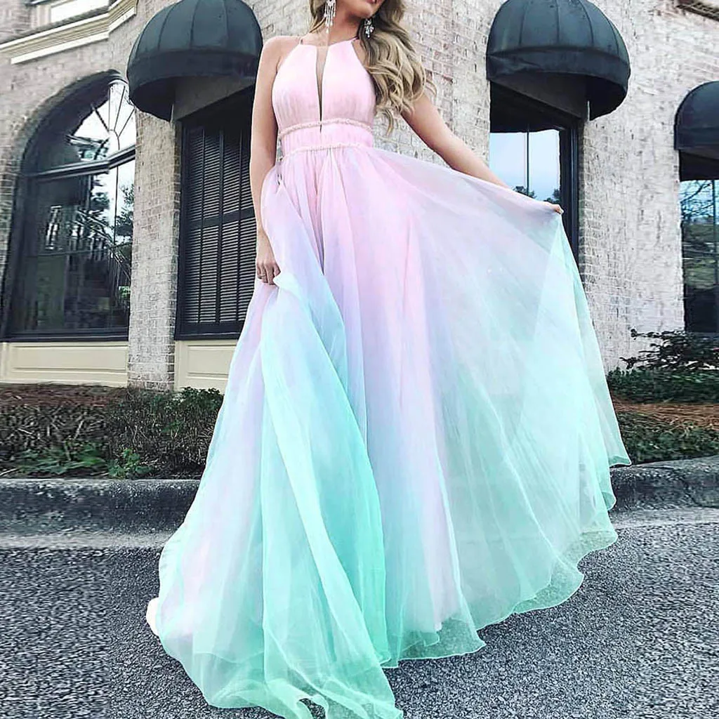 

JAYCOSIN Women's Dresses Fashion Gradient Mesh Beach Dress Boho Hanging Neck Party Big Swing Dress Evening Party Elegant Jul06