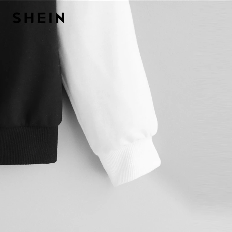  SHEIN Multicolor Elegant Color Block Letter Print Pullovers Hooded Sweatshirt 2018 Autumn Minimalis