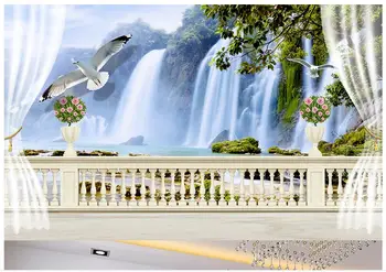 

High end custom 3d photo wallpaper murals wall paper Railing balcony waterfall landscape TV on the backdrop wall home decoration