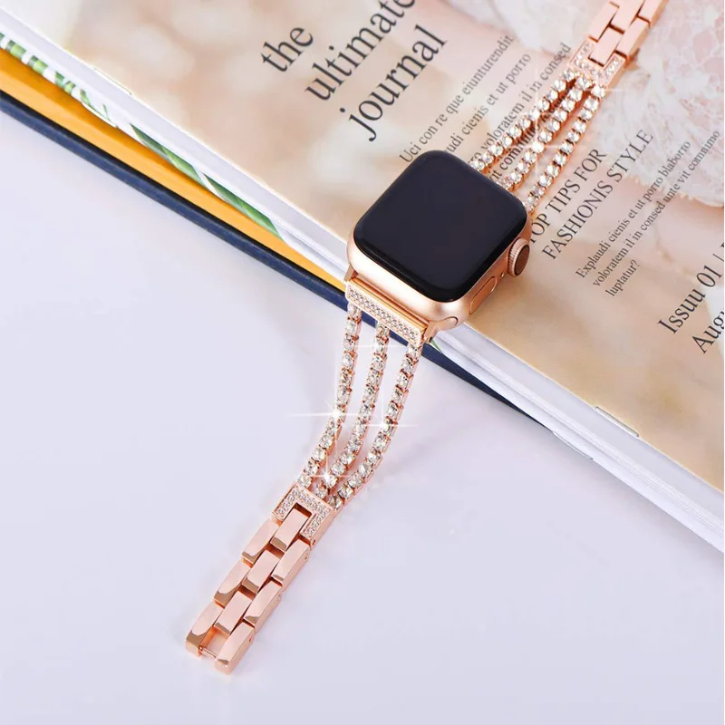 Women Watch Band Diamond Bling for Apple Watch iWatch 1/2/3/4 Stainless Steel Metal Three Chain Diamond Straps Bracelet