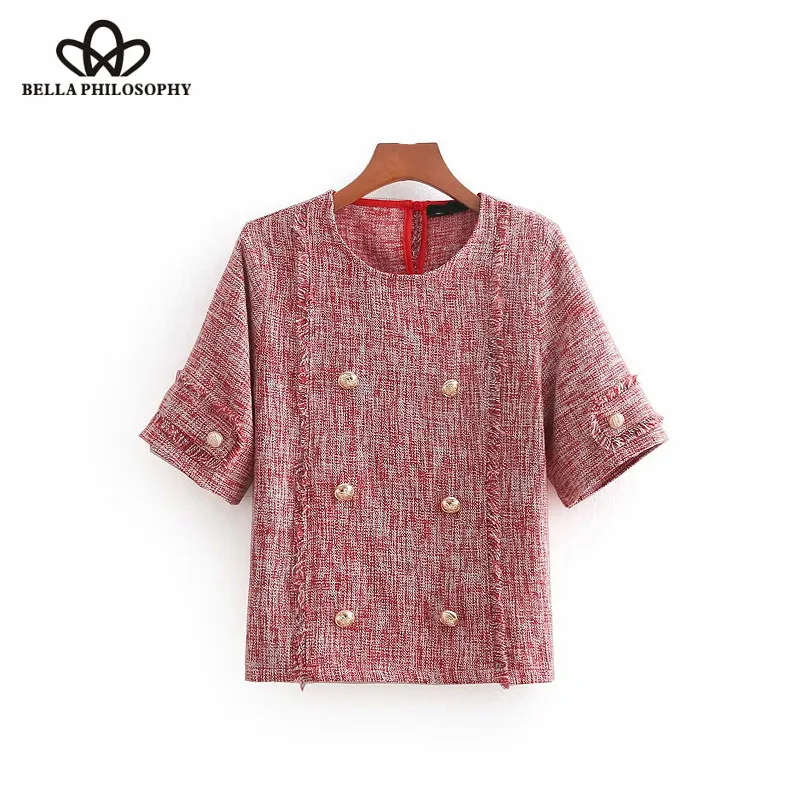 Wonder 2018 summer vintage buttons houndstooth plaid tweed tassel blouses o neck short sleeve casual shirt femininas blusas tops