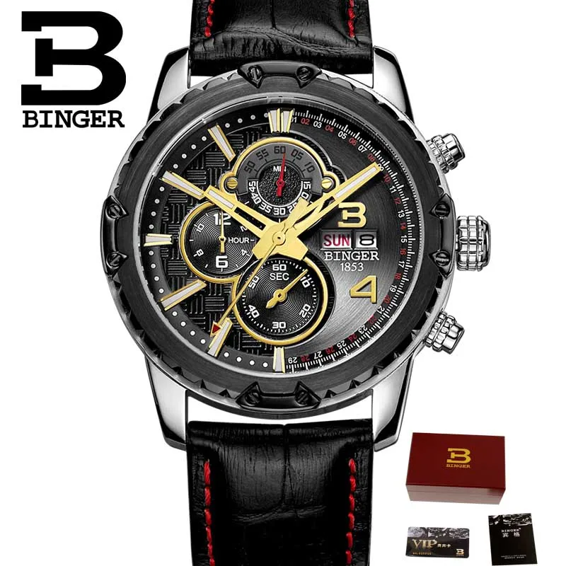 Watches Men Luxury Original Brand BINGER Sport Watches Men Fashion wristwatch Chronograph waterproof Male leather Quartz watch - Цвет: 12