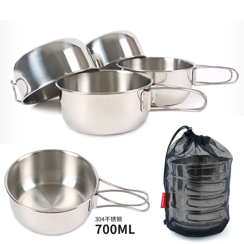 

4pcs Outdoor folding sleeve Bowl stainless steel mountaineering camping 700ml large cup tableware cooking pots pans