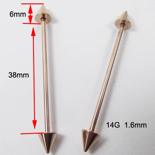 2 шт. 1,6x38x6 мм 14 г Модные Длинные Промышленные прямые штанги из нержавеющей стали, шип, шарики, пирсинг, ювелирные изделия для тела - Окраска металла: Rose Gold Spike