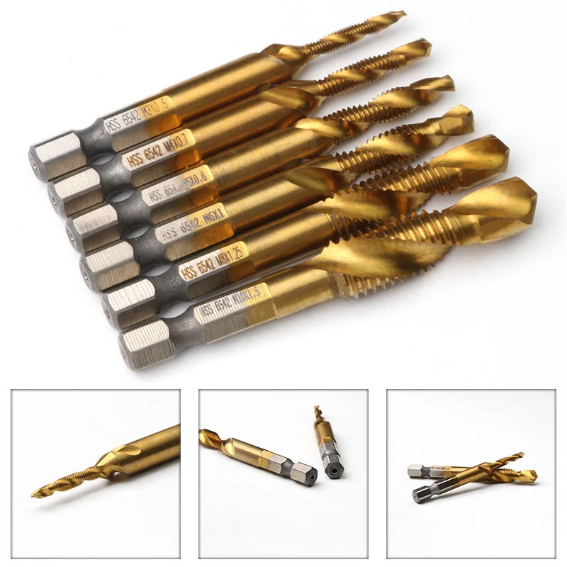

ZENHOSIT Metric 6PCS High-speed Steel 6542 Taper Plug TapTapping Drill Deburr Countersink Hex Bit Kit M3/ M4/ M5/ M8/ M6/ M10