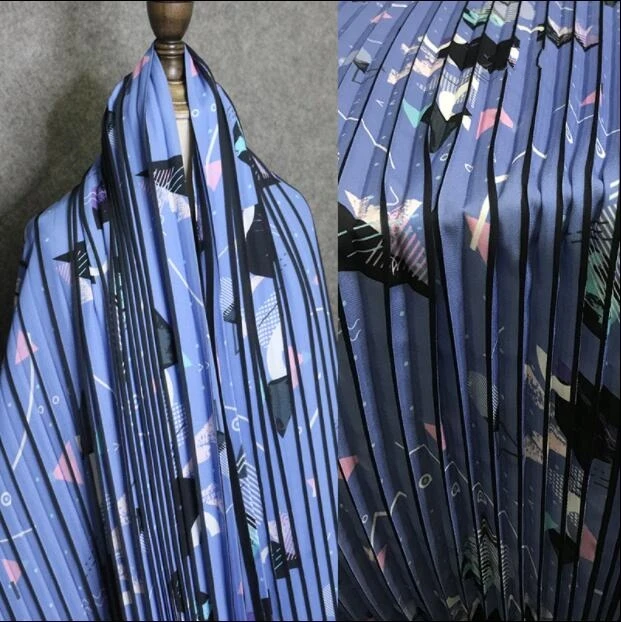 

150cm Geometric printing dyeing pattern Chiffon Wedding dress pleated organ pleated fabric textiles polyester stripe fabric C198