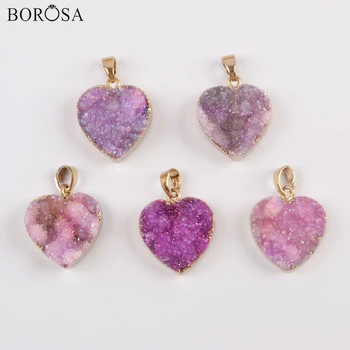 

BOROSA Wholesale Drusy Heart Pendants Natural Agates Druzy Pink Purple Titanium AB Gold Plating Pendant For Women Necklace G1829