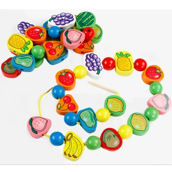 

56 Pcs/set Children Puzzle Wooden Toys Stringing Game Child Toy Large Heart-shaped Beads Mixed Animals Fruit Gift For Children