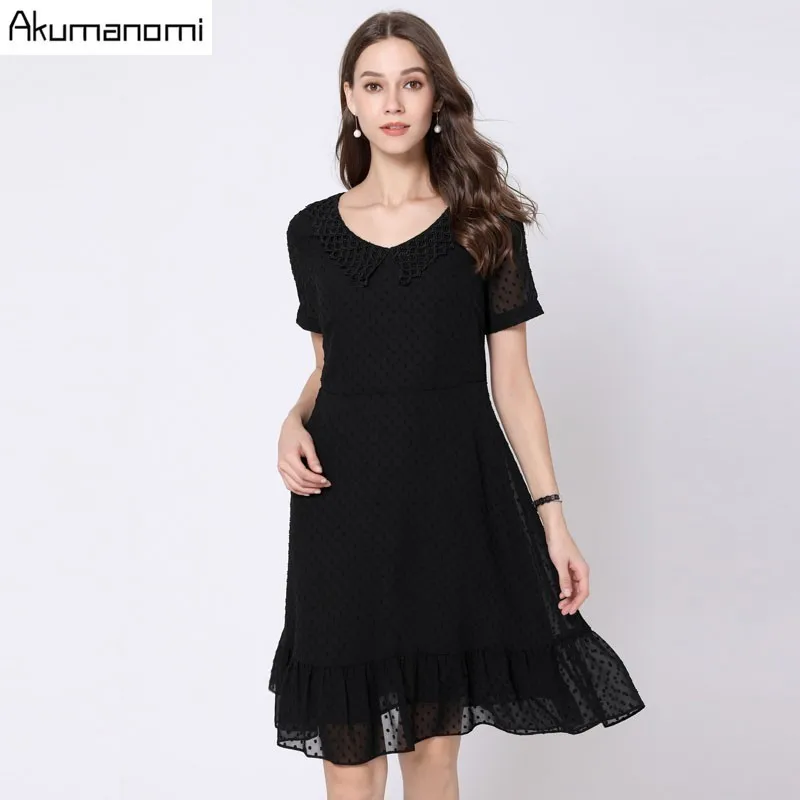 Шифоновое платье для женщин, летнее, размера плюс 5xl, синее, черное, с отложным воротником, с коротким рукавом, в горошек, вечерние платья,, Vestidos Verano - Цвет: Черный
