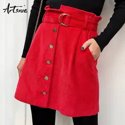 Artsnie Красный Рождество вельвет кружева высокая талия юбки для женщин для повседневное кнопка пояса двойные карманы зимние короткие