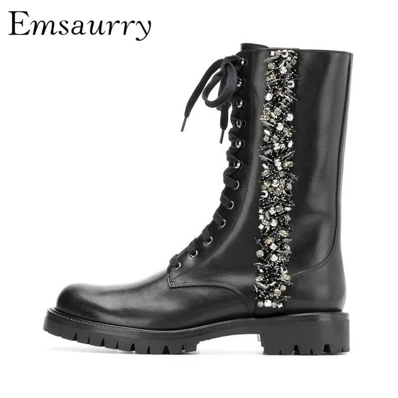 

Cross-tied Martin Boots Square Heel Round Toe High Quality Genuine Leather Bling Rhinestone Beading Short Boots Women