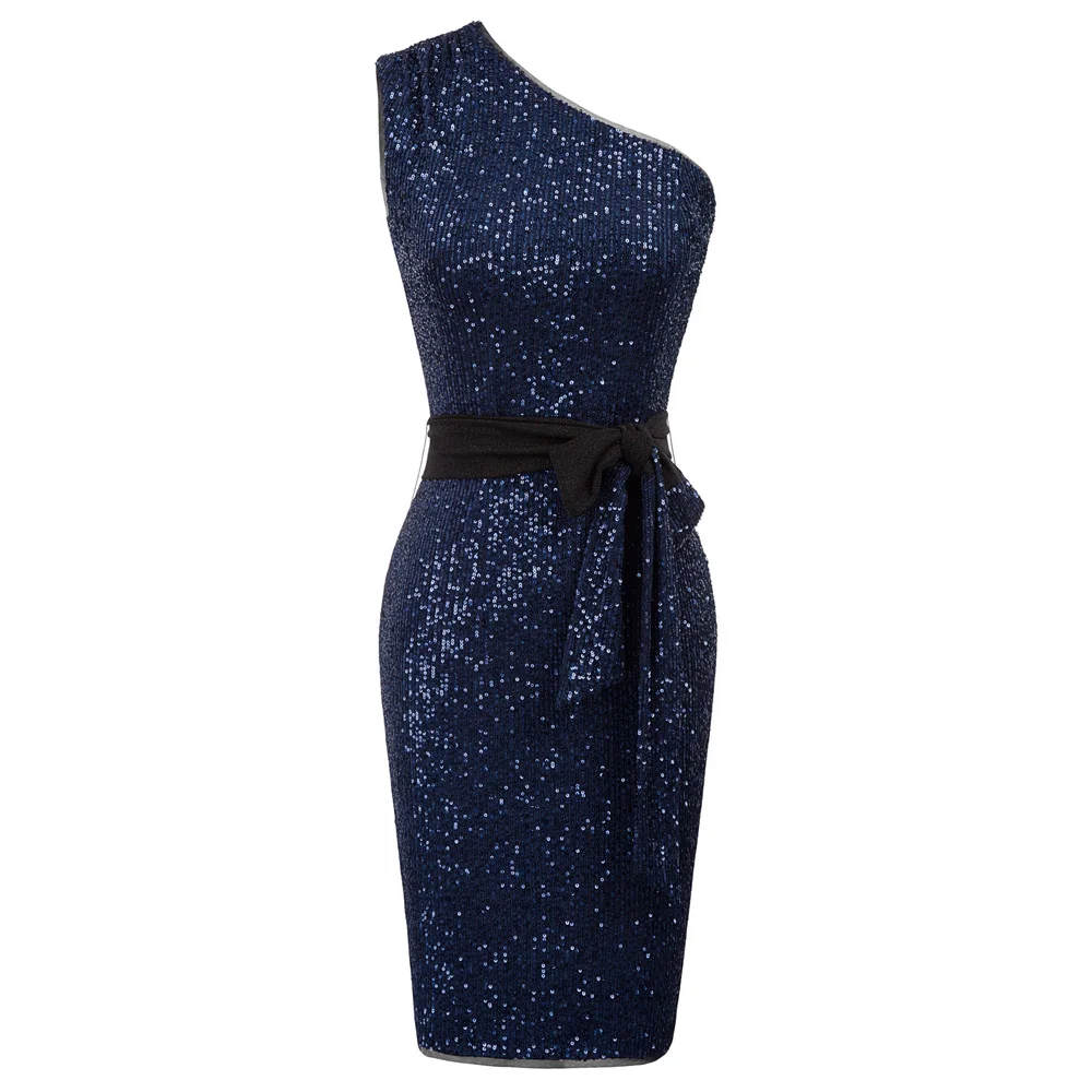 

Women Sparkling Sequins dress sexy elegant One Shoulder Hips-Wrapped belt party dresses elegant retro knee lady Bodycon Dress