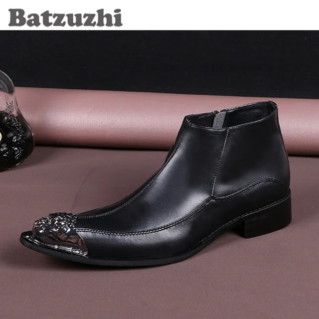 Batzuzhi Japanese Style Fashion Mens Boots Pointed Iron Toe Black Men
