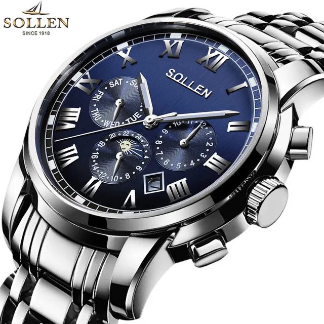 $US $178.00  2017 SOLLEN Auto Date Men Mechanical Watches Luxury Top Brand Full Steel Business Moon Phase Automa