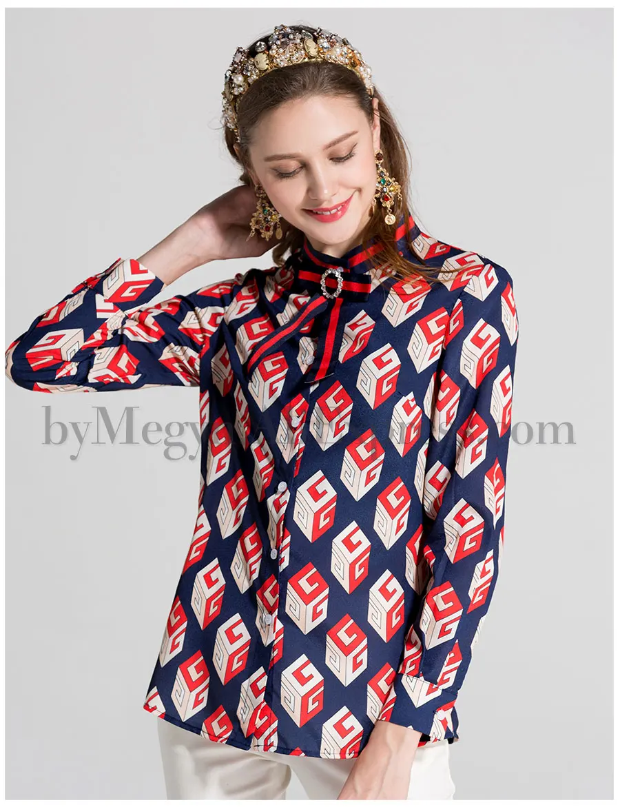 От Megyn женские блузки модные рубашки с геометрическим принтом с бантом и стоячим длинным рукавом Женские блузки размера плюс 3xl женские блузки