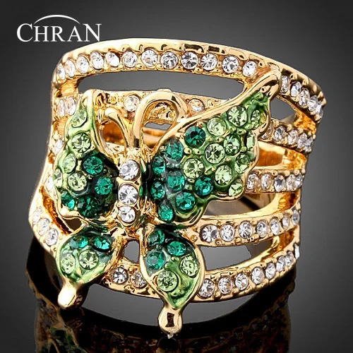 Chran Green Butterfly Austrian Crystals Gold color Fashion Ring Jewelry Accessories for Women Free Shipping DFDR0013