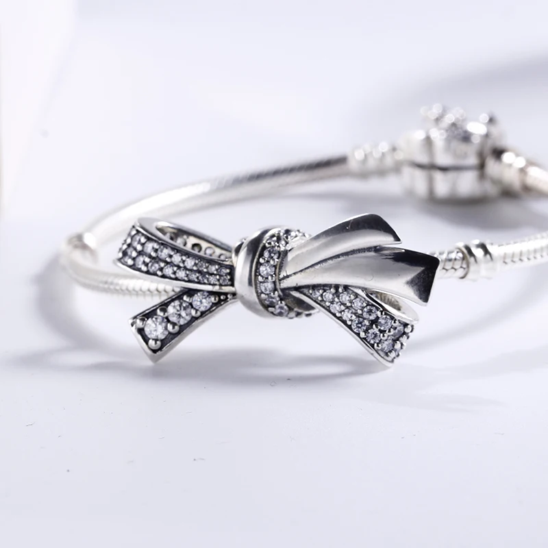

2018 Spring 100% 925 Sterling Silver Fit Original Pandora Bracelet Cute Bowknot CZ Charm Beads for Jewelry Making
