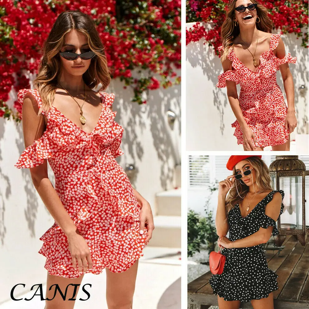 

Women Boho Floral Short Mini Dress Evening Party Beach Dresses Summer Sundress Sleeveless Backless Holiday Dress