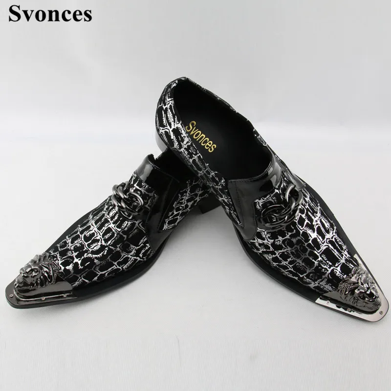 

Svonces Stylish Men Dress Flat Shoes Luxury Men's Business Oxfords Chain Casual Wedding Shoe Black Leather Derby Shoes Metal Toe