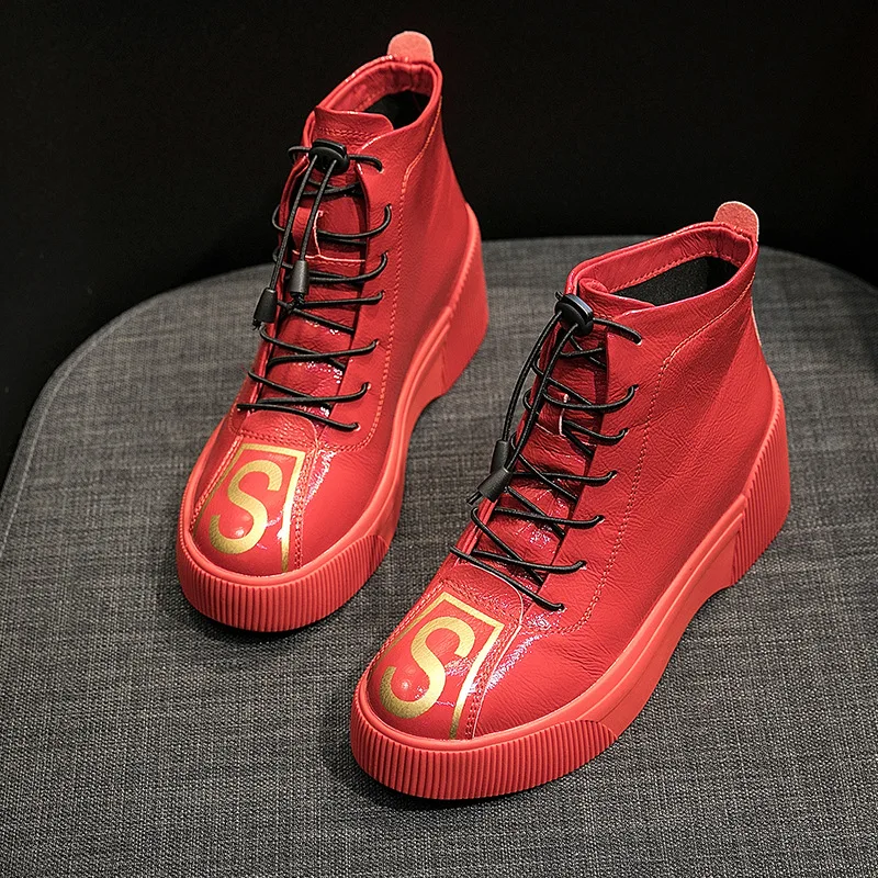

Mingpinstyle 2018 Autumn New Women Boots Ankle Boots White Red Black Leather Height Increasing Fashion Women Shoes